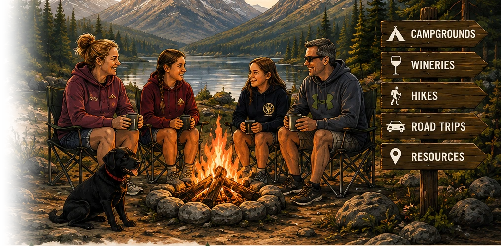 Illustration of a family and dog around a campfire by a mountain lake with a trail sign for campgrounds, wineries, hikes, and road trips.